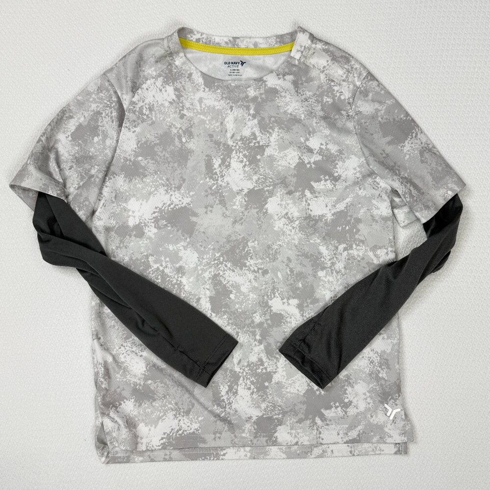Old Navy Boys L (10-12) White Gray Camo Active Long Sleeve Layered Top Large